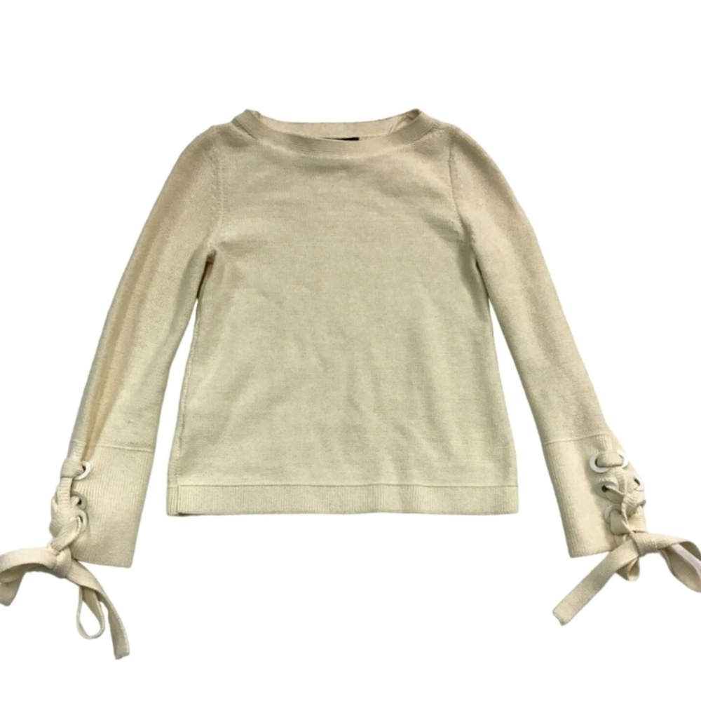 Ann Taylor cream sweater featuring ribbon ties on the sleeves XS